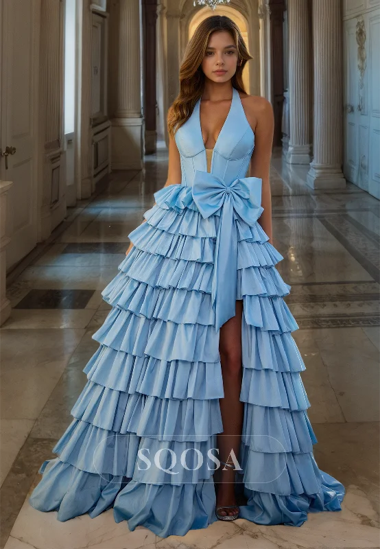 Halter Deep V-Neck Sleeveless A-Line Prom Dress High Slit Tiered Formal Gowns with Bow Halter Deep V-Neck Sleeveless A-Line Prom Dress High Slit Tiered Formal Gowns with Bow
