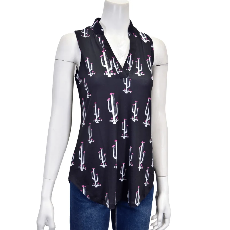 Women's Cowgirl Black & White All Over Saguaro Hi Lo Tank lace tank top