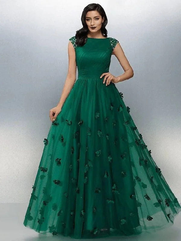 A-Line Floral Prom Formal Evening Dress Boat Neck Short Sleeve Floor Length Tulle with Crystals Appliques A-Line Floral Prom Formal Evening Dress Boat Neck Short Sleeve Floor Length Tulle with Crystals Appliques