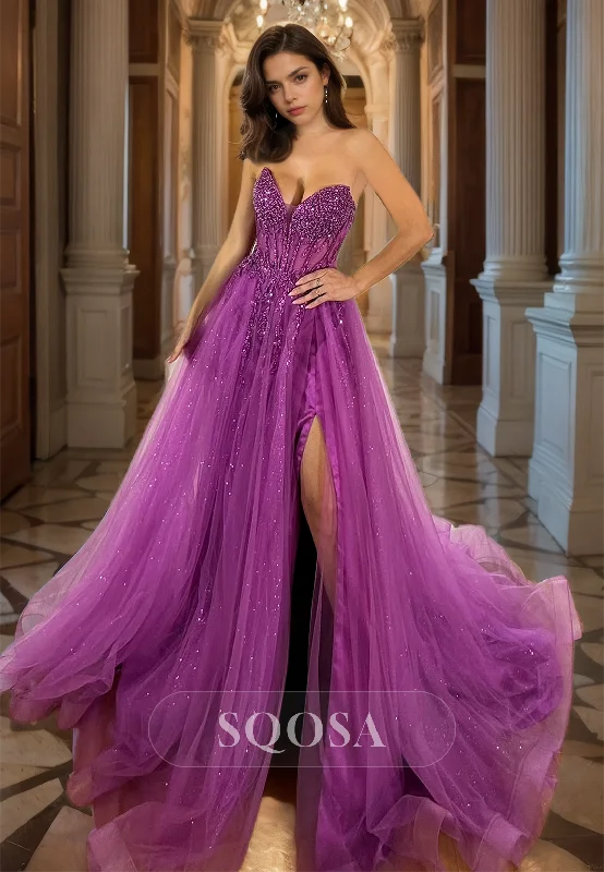V-Neck Off-Shoulder Sleeveless Pleated Beaded Glitter Tulle A-Line Formal Prom Dress with Sweep Train V-Neck Off-Shoulder Sleeveless Pleated Beaded Glitter Tulle A-Line Formal Prom Dress with Sweep Train