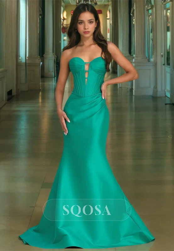 Sweetheart Sleeveless Mermaid Prom Dress Off-Shoulder Pleated Cutout Satin Sweep Train Party Gowns Sweetheart Sleeveless Mermaid Prom Dress Off-Shoulder Pleated Cutout Satin Sweep Train Party Gowns