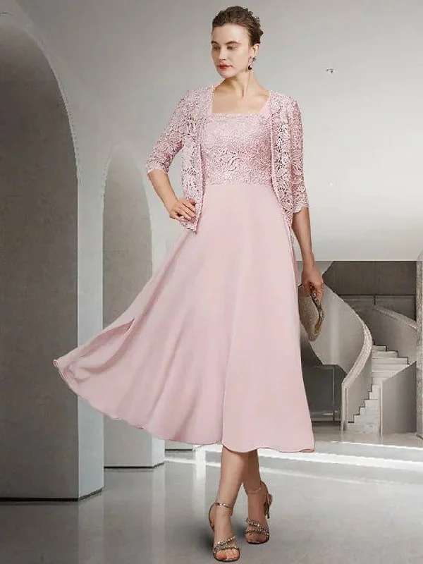 Two Piece A-Line Mother of the Bride Dress Elegant Jewel Neck Tea Length Chiffon Lace Sleeveless Wrap Included with Appliques Two Piece A-Line Mother of the Bride Dress Elegant Jewel Neck Tea Length Chiffon Lace Sleeveless Wrap Included with Appliques