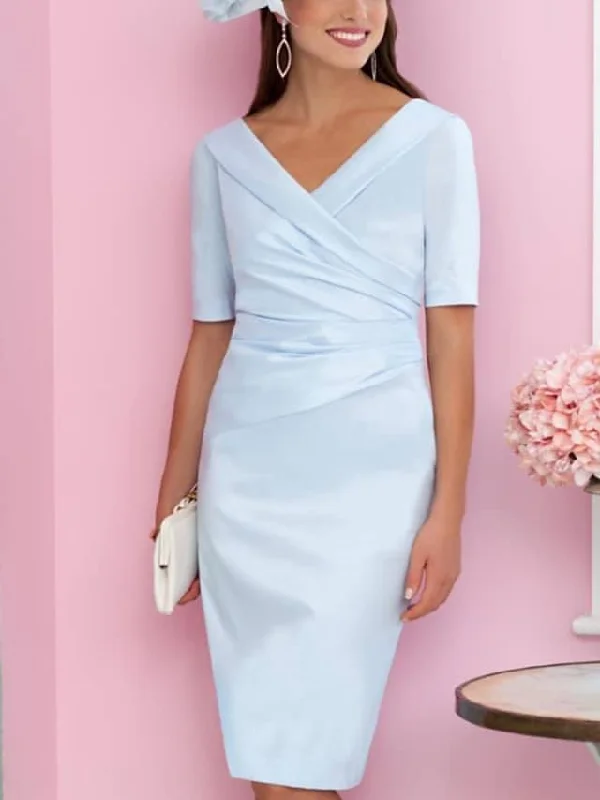 Sheath / Column Mother of the Bride Dress Elegant V Neck Knee Length Satin Short Sleeve with Ruching