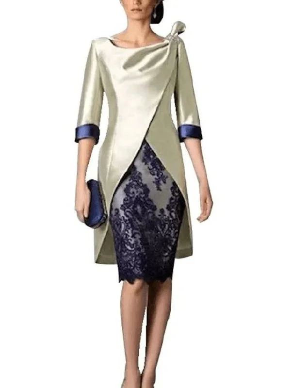 Sheath / Column Mother of the Bride Dress Plus Size Vintage Jewel Neck Knee Length Polyester 3/4 Length Sleeve with Lace Sheath / Column Mother of the Bride Dress Plus Size Vintage Jewel Neck Knee Length Polyester 3/4 Length Sleeve with Lace
