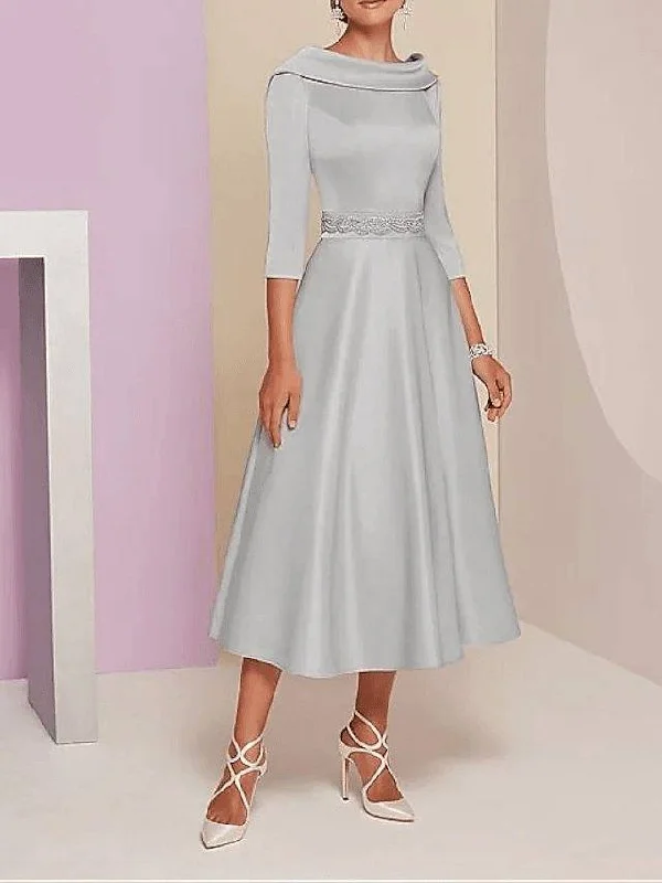 A-Line Mother of the Bride Dress Plus Size Elegant Vintage Bateau Neck Tea Length Satin 3/4 Length Sleeve with Beading A-Line Mother of the Bride Dress Plus Size Elegant Vintage Bateau Neck Tea Length Satin 3/4 Length Sleeve with Beading
