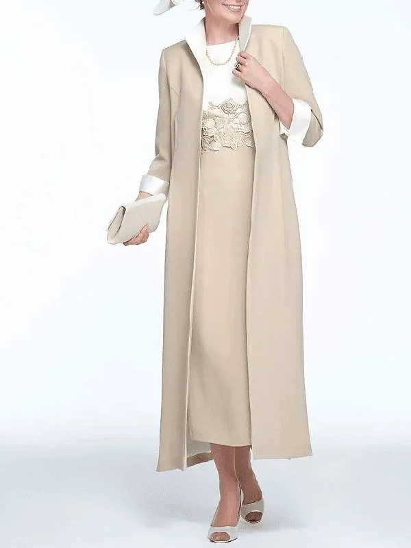 Two Piece Sheath / Column Mother of the Bride Dress Elegant Jewel Neck Ankle Length Stretch Fabric 3/4 Length Sleeve with Appliques Two Piece Sheath / Column Mother of the Bride Dress Elegant Jewel Neck Ankle Length Stretch Fabric 3/4 Length Sleeve with Appliques