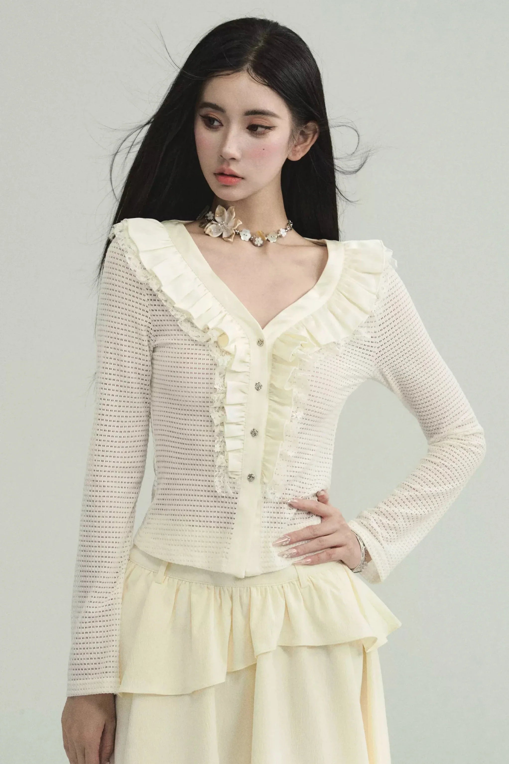 Cream Ruffled Collar Long Sleeve Cardigan Machine Wash Dry Clean Hand Wash