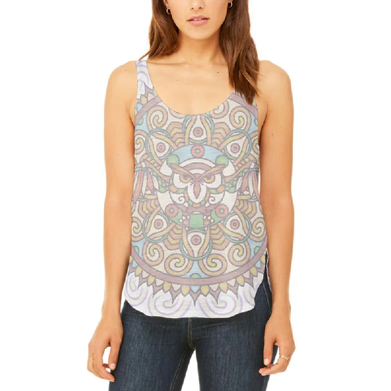 Trippy Owl Mandala Vintage Juniors Flowy Side Slit Tank Top sheer tank top