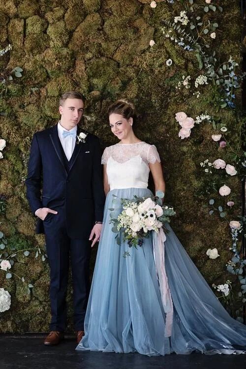 White and Blue Wedding Dresses with Lace Jacket Appliqued Jacket Beaded Jacket Sequined Jacket White and Blue Wedding Dresses with Lace Jacket Appliqued Jacket Beaded Jacket Sequined Jacket
