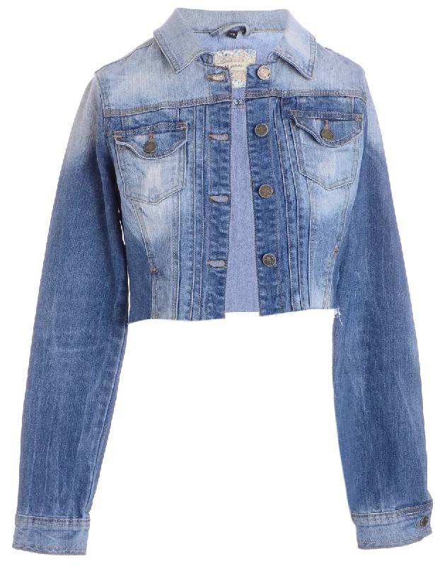 Reworked Kylie Raw Edge Cropped Denim Jacket - XS Notch Collar Jacket Peter Pan Collar Jacket Cowl Neck Jacket Reworked Kylie Raw Edge Cropped Denim Jacket - XS Notch Collar Jacket Peter Pan Collar Jacket Cowl Neck Jacket