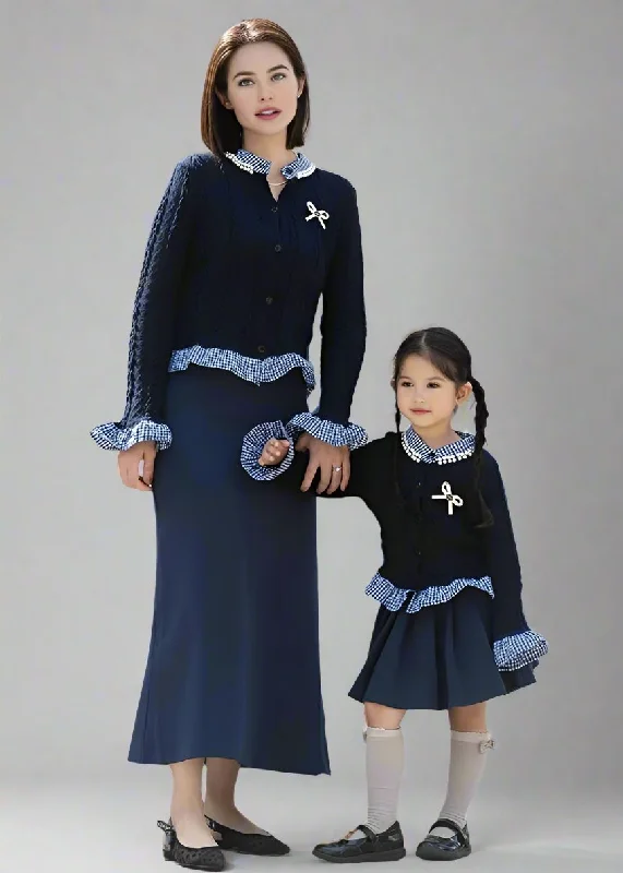 Mother-Daughter Matching Navy Knit Cardigan Set Gingham Ruffle Trim & Bow Accent Front Pockets Side Pockets Patch Pockets Mother-Daughter Matching Navy Knit Cardigan Set Gingham Ruffle Trim & Bow Accent Front Pockets Side Pockets Patch Pockets