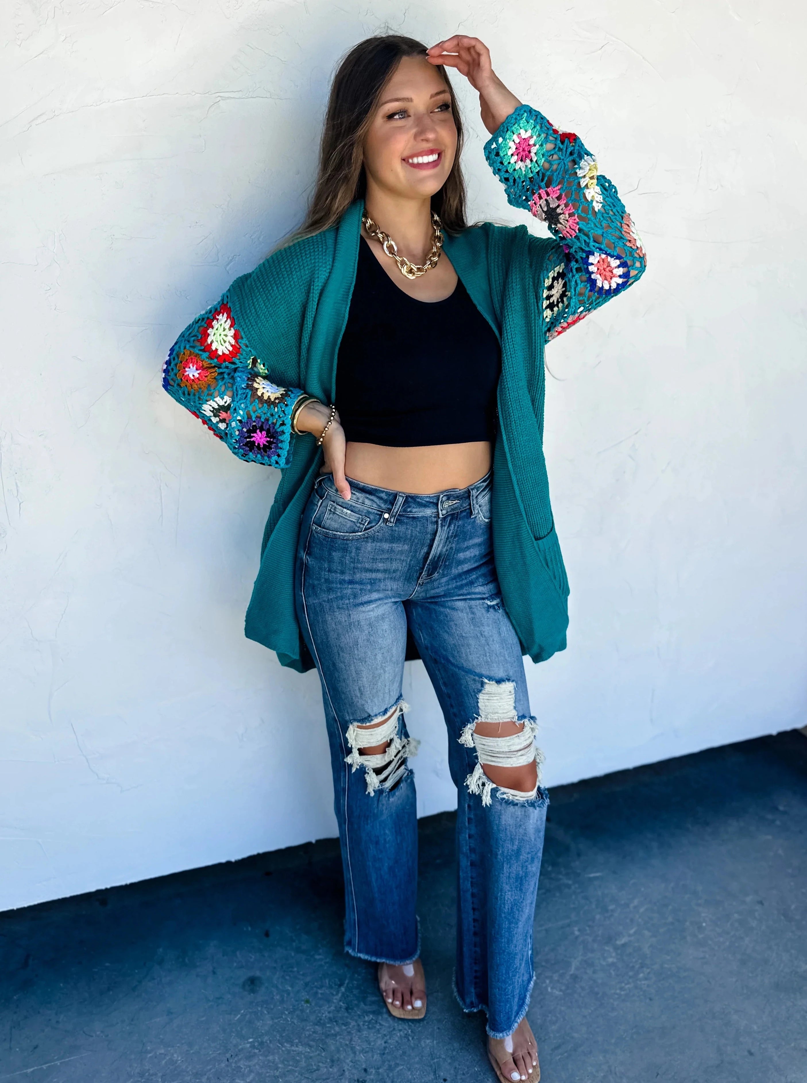 2 Colors - Blakeley Crochet Sleeve Knit Cardigans Satin Fabric Silk Fabric Chiffon Fabric 2 Colors - Blakeley Crochet Sleeve Knit Cardigans Satin Fabric Silk Fabric Chiffon Fabric