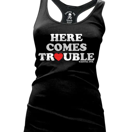 Here Comes Trouble Women's Racer Back Tank Top silver tank top