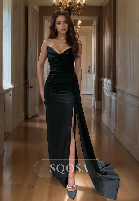 Sweetheart Off-Shoulder Sleeveless Pleated High Slit Satin Mermaid Prom Dress with Sweep Train Sweetheart Off-Shoulder Sleeveless Pleated High Slit Satin Mermaid Prom Dress with Sweep Train