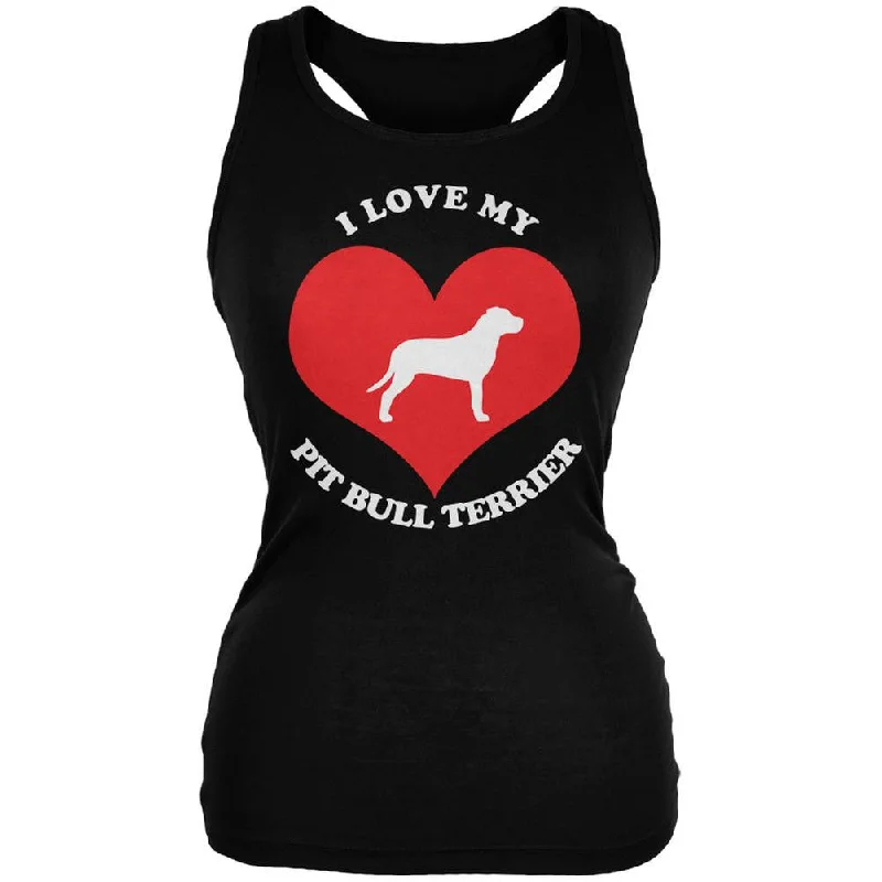 Valentines I Love My Pit Bull Terrier Black Juniors Soft Tank Top navy tank top