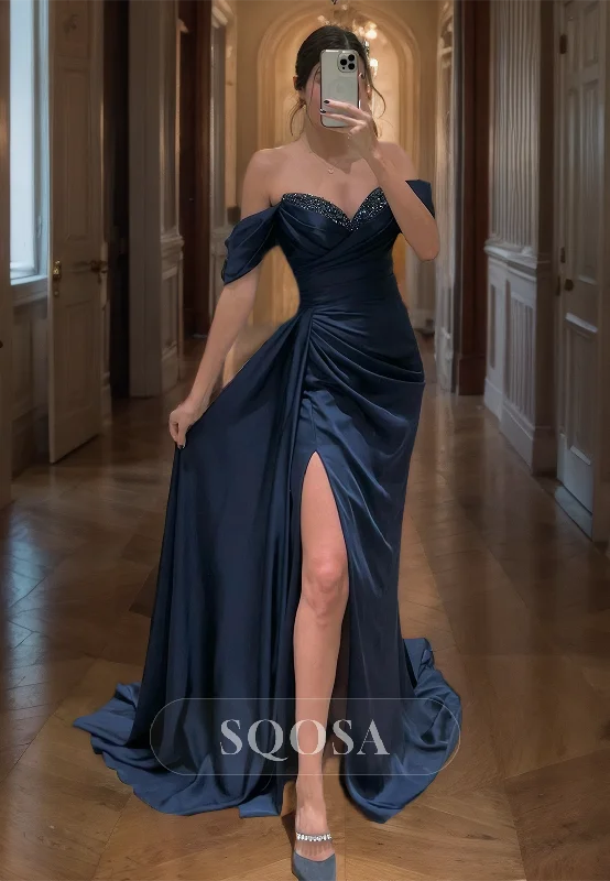 Sweetheart Sleeveless Satin Beaded Fitted Prom Dress Pleated Slit with Sweep Train Formal Gowns Sweetheart Sleeveless Satin Beaded Fitted Prom Dress Pleated Slit with Sweep Train Formal Gowns