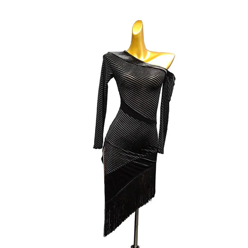 One Shoulder Long Sleeve Latin Dress with Tassels