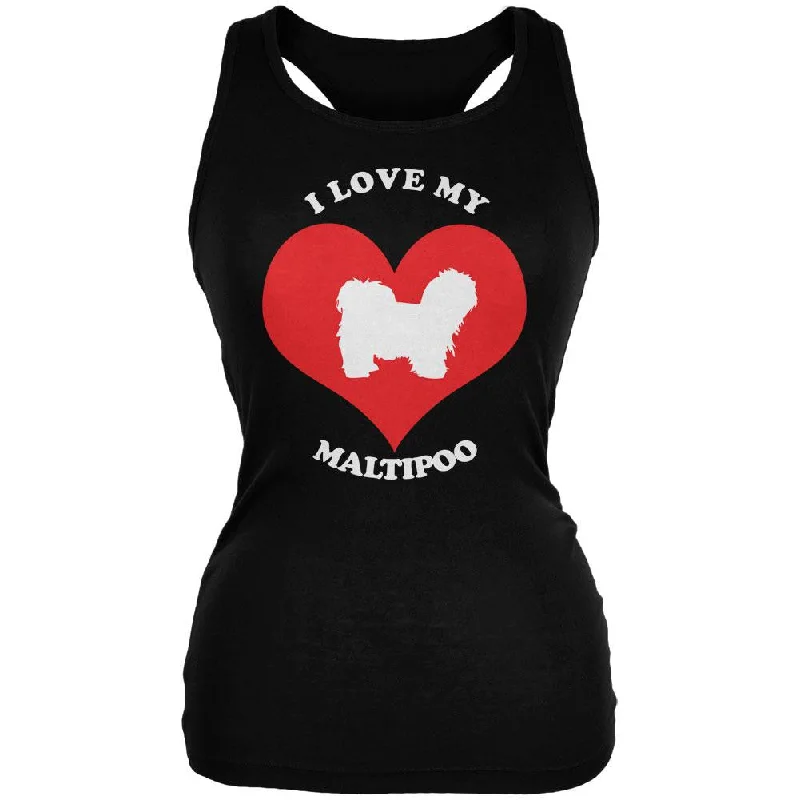 Valentines I Love My Maltipoo Black Juniors Soft Tank Top print tank top