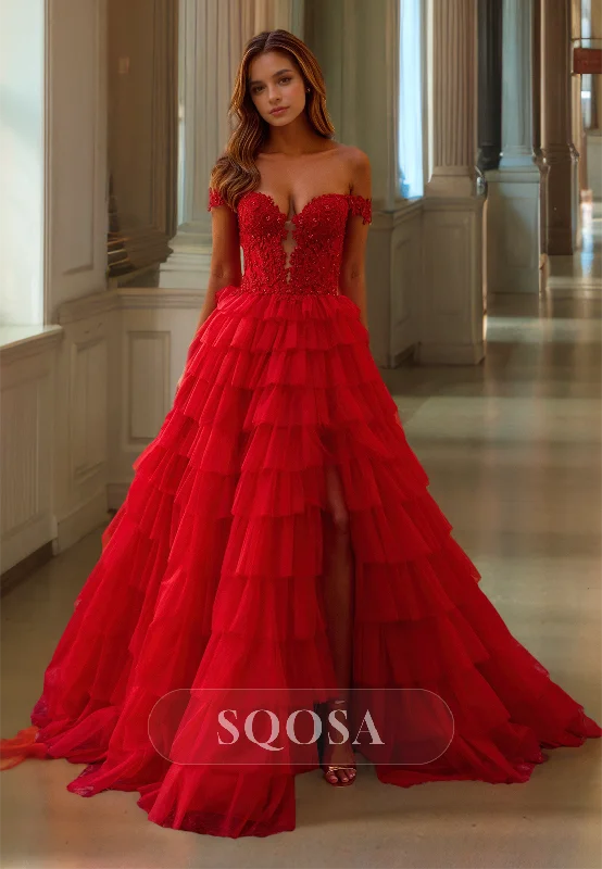 A-Line Off-Shoulder Tiered Tulle Prom Dress Sweetheart Sleeveless Beaded Applique Evening Gowns A-Line Off-Shoulder Tiered Tulle Prom Dress Sweetheart Sleeveless Beaded Applique Evening Gowns
