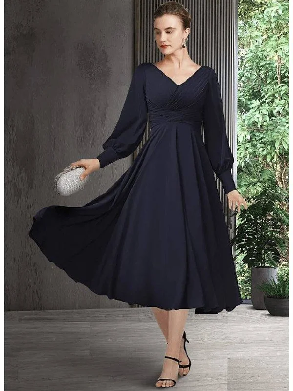 A-Line Mother of the Bride Dress Elegant V Neck Tea Length Chiffon Short Sleeve Long Sleeve with Pleats Ruching A-Line Mother of the Bride Dress Elegant V Neck Tea Length Chiffon Short Sleeve Long Sleeve with Pleats Ruching