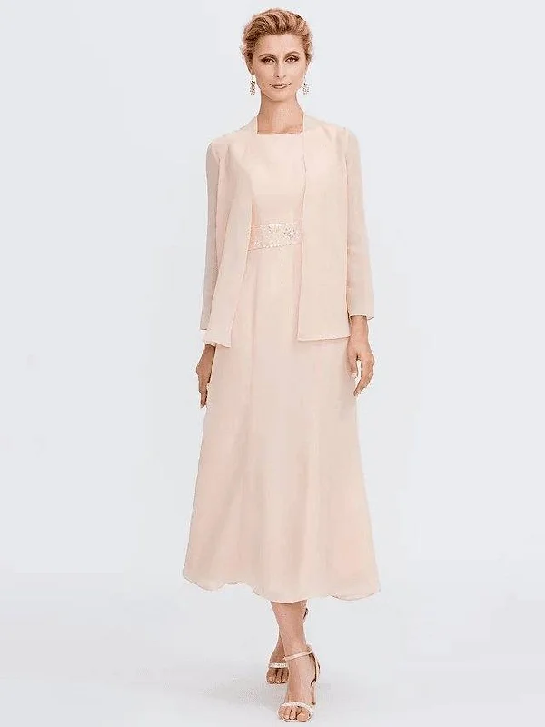 Sheath / Column Mother of the Bride Dress Elegant Two Piece Jewel Neck Tea Length Chiffon Sleeveless Sheath / Column Mother of the Bride Dress Elegant Two Piece Jewel Neck Tea Length Chiffon Sleeveless