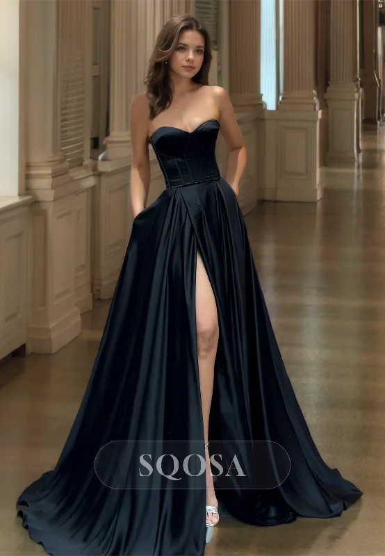 A-Line Sweetheart Off-Shoulder Sleeveless Satin Prom Dress Satin Pleated Sweep Train Evening Gowns A-Line Sweetheart Off-Shoulder Sleeveless Satin Prom Dress Satin Pleated Sweep Train Evening Gowns