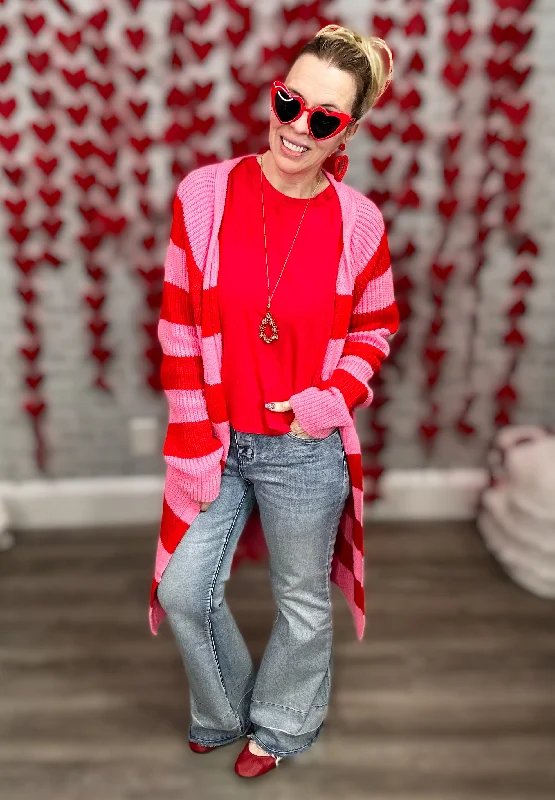 Pink and Red "LOVE STRIPES" Sweater Cardigan from Michelle Mae Seamless Knitted Crochet Pink and Red "LOVE STRIPES" Sweater Cardigan from Michelle Mae Seamless Knitted Crochet