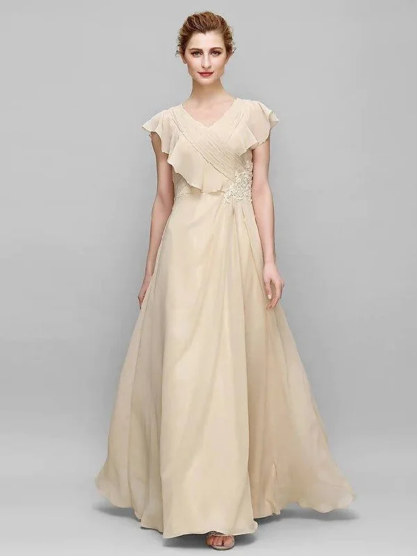 Sheath / Column Mother of the Bride Dress Plus Size Elegant V Neck Floor Length Chiffon Sleeveless with Criss Cross Appliques Sheath / Column Mother of the Bride Dress Plus Size Elegant V Neck Floor Length Chiffon Sleeveless with Criss Cross Appliques