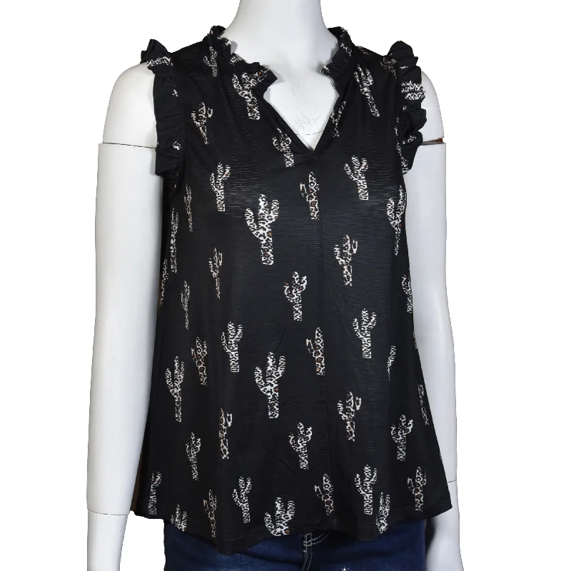 Women's Cowgirl Hardware Leopard Saguaro Black Ruffle Vneck Tank high neck tank