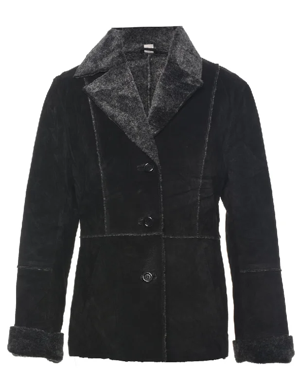 Single Breasted Shearling Suede Jacket - M Denim Fabric Leather Fabric Suede Fabric Single Breasted Shearling Suede Jacket - M Denim Fabric Leather Fabric Suede Fabric