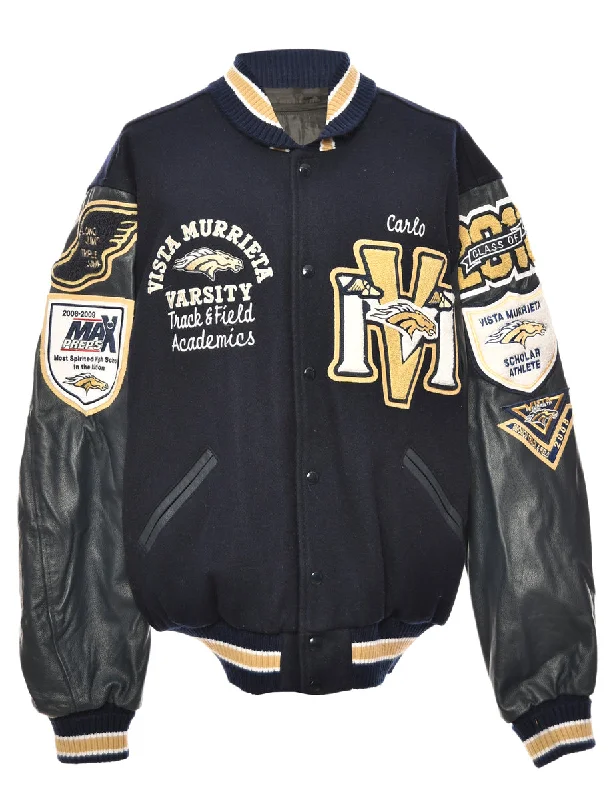 Navy & Yellow Appliqued Varsity Jacket - XL Ribbed Jacket Pleated Jacket Ruffled Jacket Navy & Yellow Appliqued Varsity Jacket - XL Ribbed Jacket Pleated Jacket Ruffled Jacket