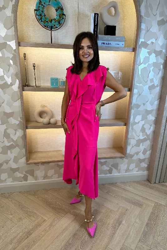 Kayla Ruffle Front Dress In Fuchsia