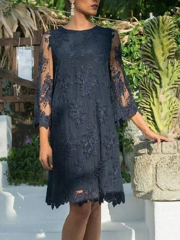Sheath / Column Mother of the Bride Dress Elegant Jewel Neck Lace Tulle with Appliques Sheath / Column Mother of the Bride Dress Elegant Jewel Neck Lace Tulle with Appliques
