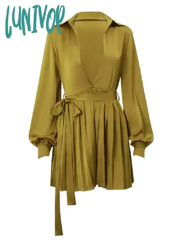 Lunivop Green Pleated Silk Mini Dress For Women Fashion V-neck Long Sleeve Lace Up A-line Dresses 2024 Office Lady Chic Commuting Robes