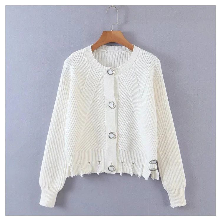 Irregular button round neck long sleeve knitted cardigan sweater  7358