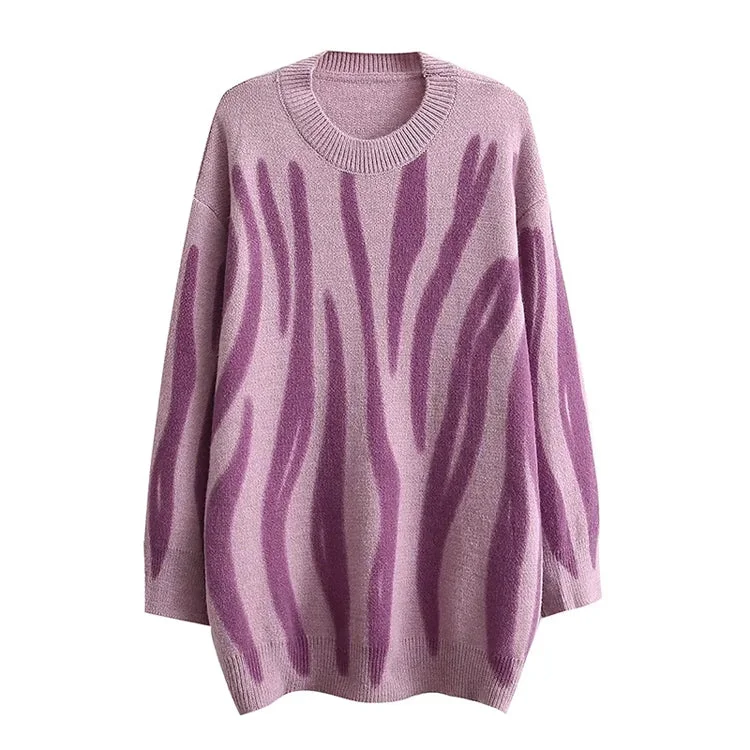 Lazy style retro irregular stripe crew neck loose long sleeve sweater  7359