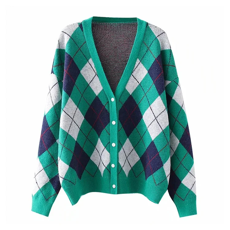 V-neck diamond check button long sleeve loose knit cardigan coat  7362