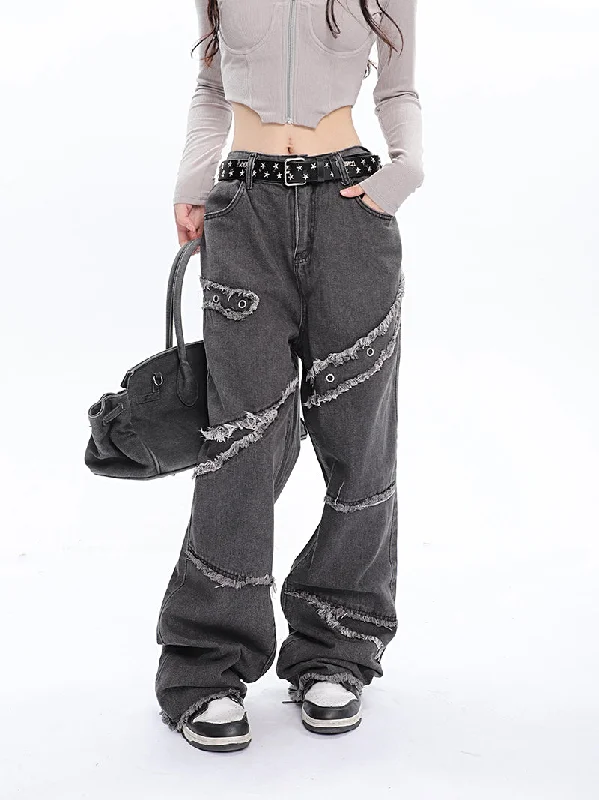 Jack Faux Ripped Patchwork Denim Jeans Straight Leg Pants