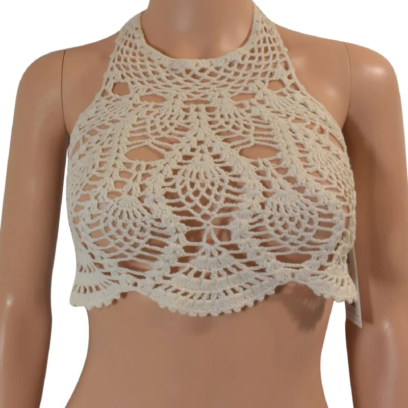 Dreamweaver Halter Tie Strap Crochet Bikini Top In Ivory