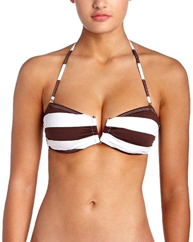 Women Godiva Striped Halter Spaghetti Strap Bandeau Swimsuit Bikini Top In Brown White