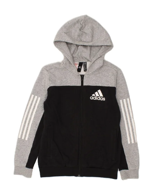 ADIDAS Boys Graphic Zip Hoodie Sweater 11-12 Years Black Colourblock