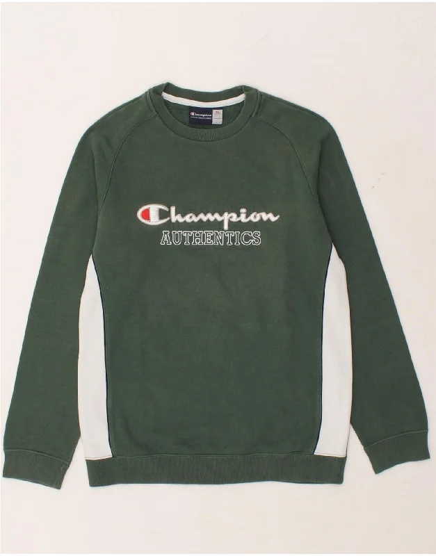 CHAMPION Boys Graphic Sweatshirt Jumper 13-14 Years XL Green Colourblock