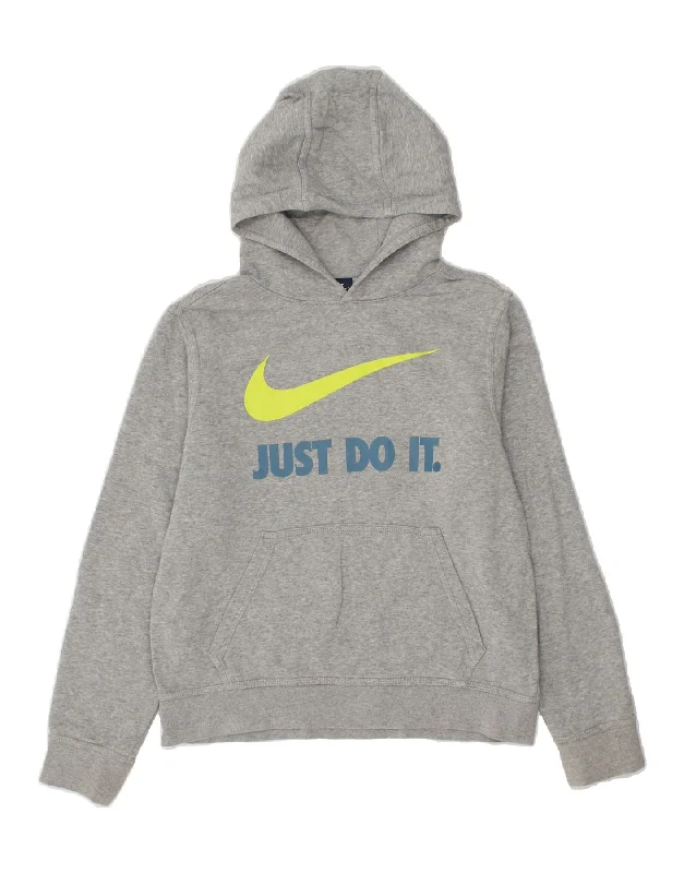 NIKE Boys Graphic Hoodie Jumper 12-13 Years Large Grey Cotton