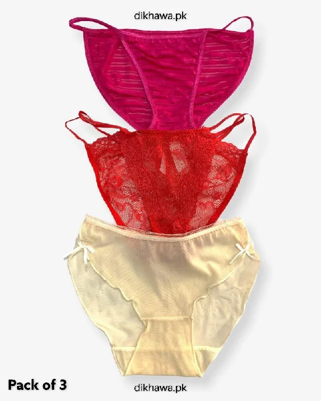 Pack of 3 Imported Stocklot Branded Net Panty Stretchable Bikini Style Thong Panty 2021 Ribbed bikini, Textured fabric, Sexy, Comfortable Pack of 3 Imported Stocklot Branded Net Panty Stretchable Bikini Style Thong Panty 2021 Ribbed bikini, Textured fabric, Sexy, Comfortable