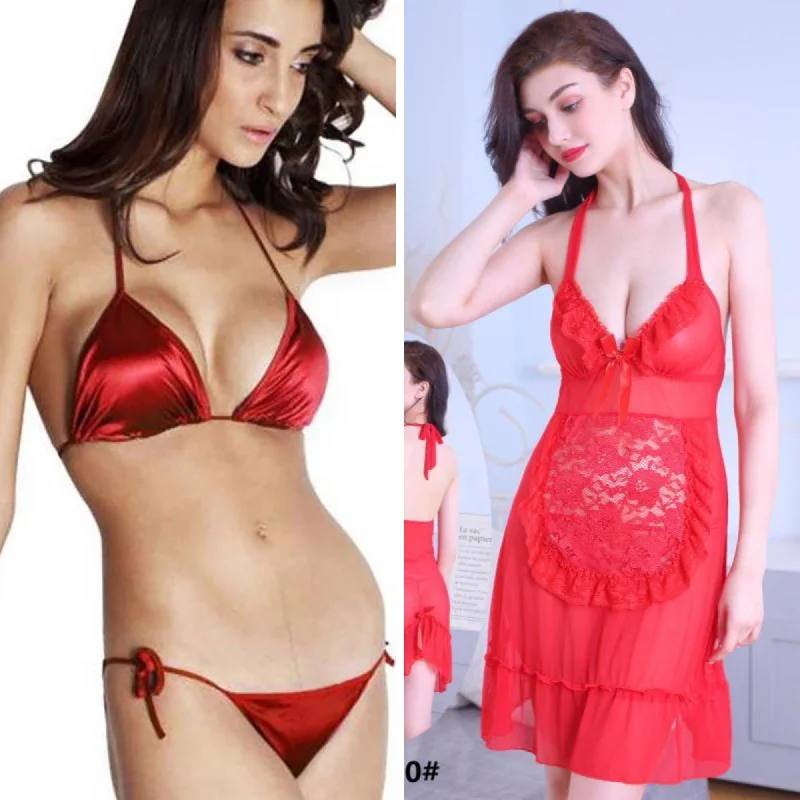 Set Of 2 - Freely Romantic Short Night & Sexy Bikini Set - Red Button-up bikini, Trendy, Comfortable, Fashionable Set Of 2 - Freely Romantic Short Night & Sexy Bikini Set - Red Button-up bikini, Trendy, Comfortable, Fashionable
