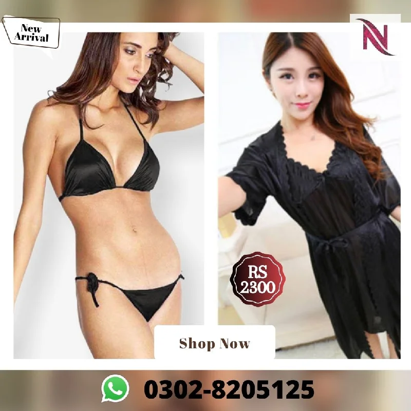 Set Of 3 - 2 Pcs Satin Short Night & Sexy Bikini Set - Black Button-up bikini top, Trendy, Sexy, Comfortable Set Of 3 - 2 Pcs Satin Short Night & Sexy Bikini Set - Black Button-up bikini top, Trendy, Sexy, Comfortable