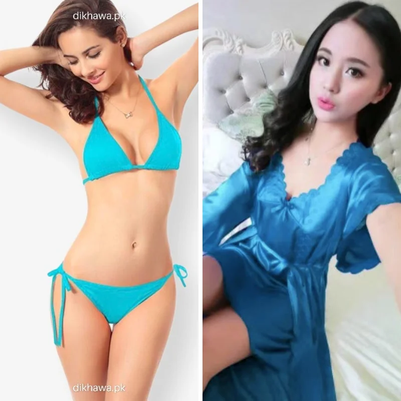 Set Of 3 - 2 Pcs Satin Short Night & Sexy Bikini Set - Firozi Button-up bikini, Trendy, Sexy, Fashionable Set Of 3 - 2 Pcs Satin Short Night & Sexy Bikini Set - Firozi Button-up bikini, Trendy, Sexy, Fashionable