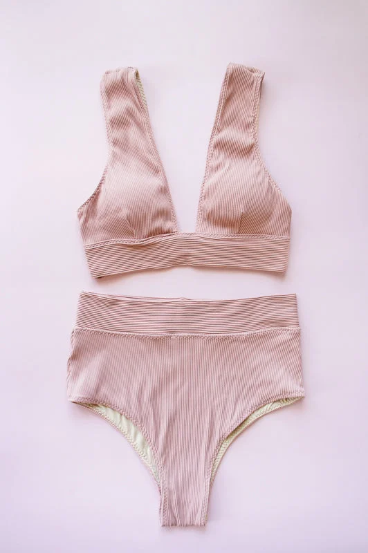 Size S Blush Pink Rib Plunge Neck Bikini Top High-waisted two-piece, Vintage, Sexy, Comfortable