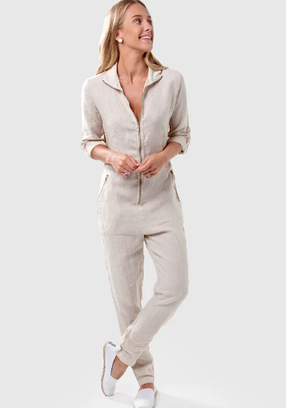 Italian Style Zip-Up Long Fitted Linen Jumpsuit | 100% Natural, Item #8706 Denim jumpsuit, Casual, Comfortable, Street style Italian Style Zip-Up Long Fitted Linen Jumpsuit | 100% Natural, Item #8706 Denim jumpsuit, Casual, Comfortable, Street style