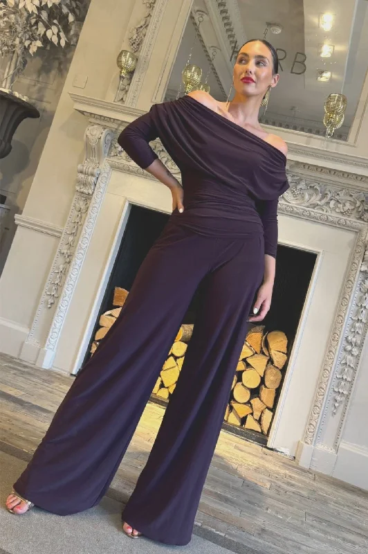 ATOM LABEL Carbon Jersey Jumpsuit with Sleeve in Blackcurrant (Regular Length) Cold-shoulder jumpsuit, Sexy, Fashionable, Comfortable ATOM LABEL Carbon Jersey Jumpsuit with Sleeve in Blackcurrant (Regular Length) Cold-shoulder jumpsuit, Sexy, Fashionable, Comfortable